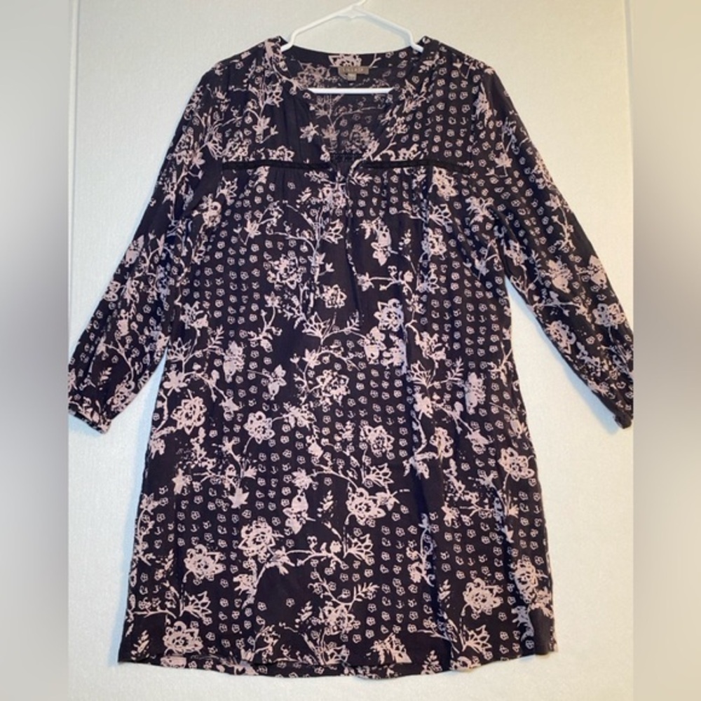Lilla P Sz L Purple Floral 100% Cotton 3/4 Sleeve Shift Shirt‎ Dress